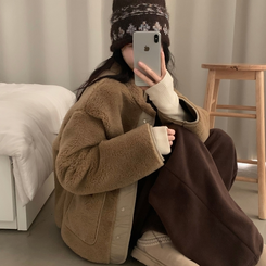 버터 플리스 양털 가죽패치 오버핏 덤블 배색 점퍼 자켓 베이지