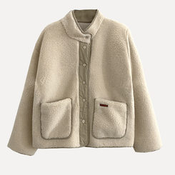 버터 플리스 양털 가죽패치 오버핏 덤블 배색 점퍼 자켓