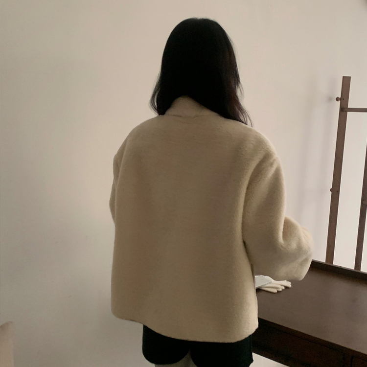 버터 플리스 양털 가죽패치 오버핏 덤블 배색 점퍼 자켓 아이보리