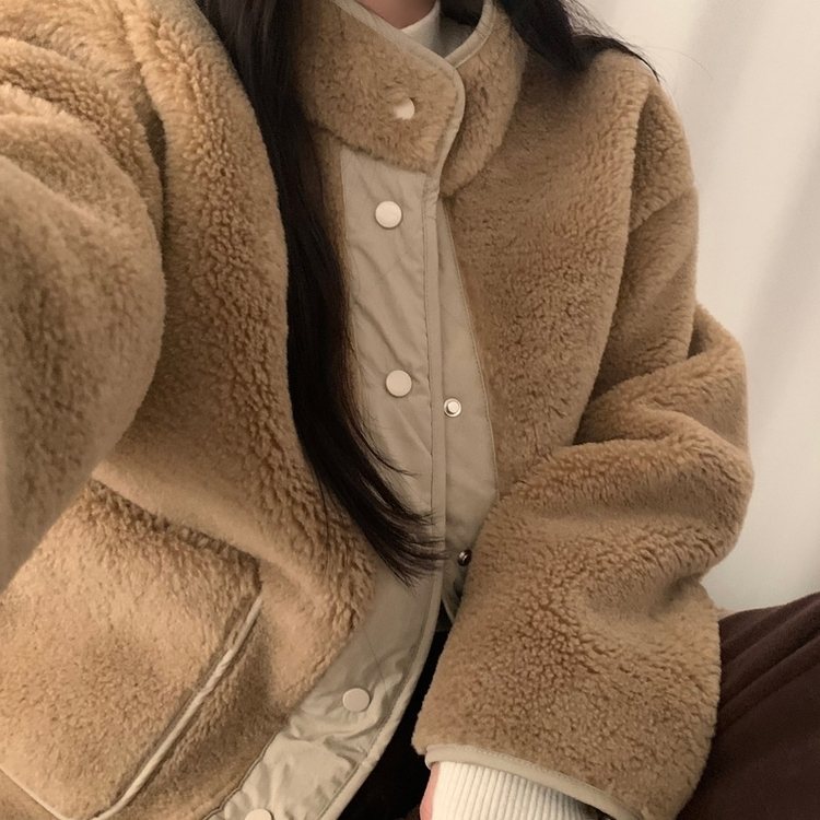 버터 플리스 양털 가죽패치 오버핏 덤블 배색 점퍼 자켓 베이지