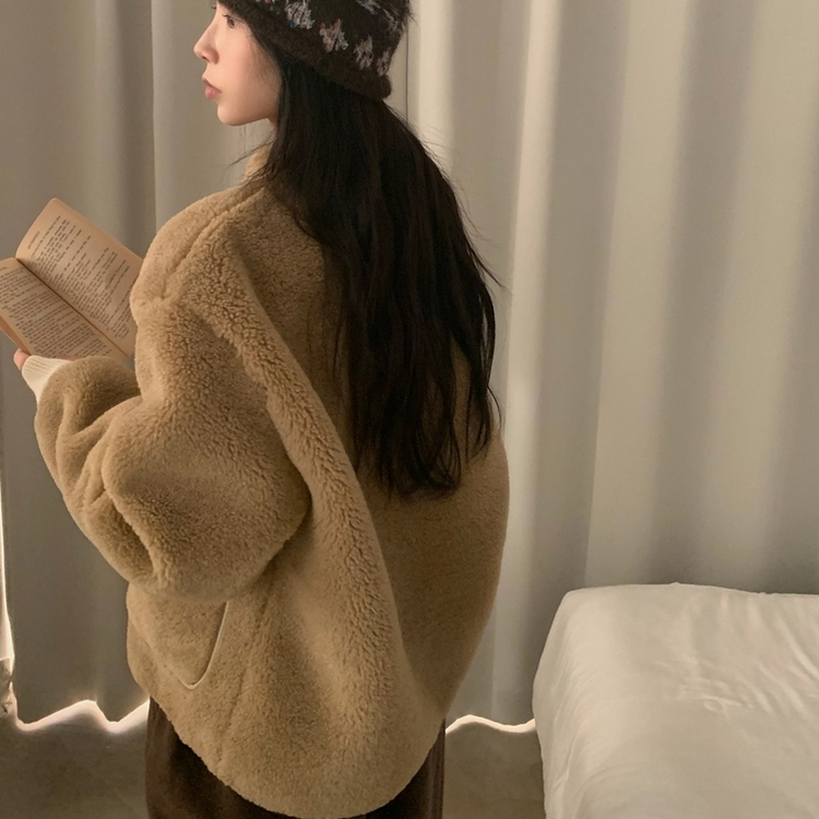 버터 플리스 양털 가죽패치 오버핏 덤블 배색 점퍼 자켓 베이지