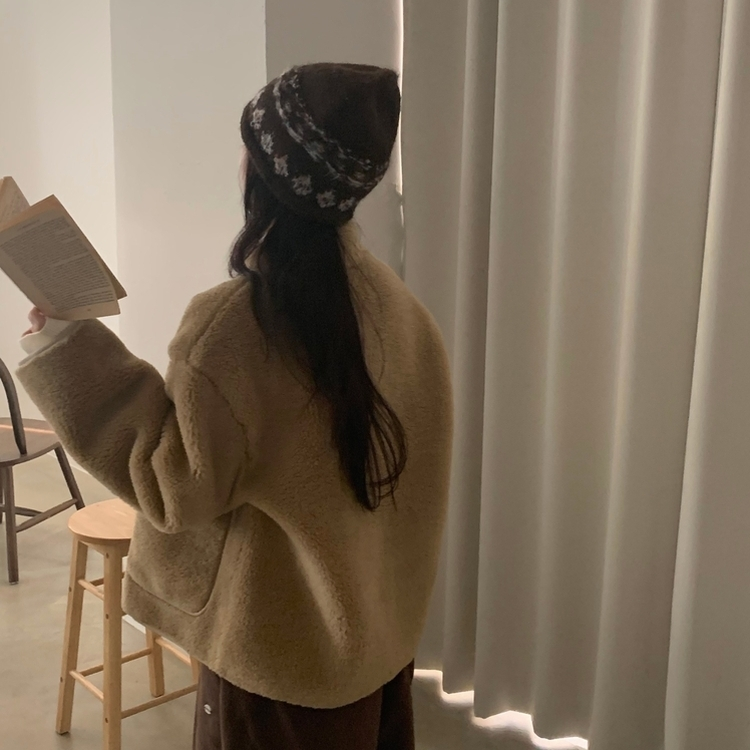 버터 플리스 양털 가죽패치 오버핏 덤블 배색 점퍼 자켓 베이지