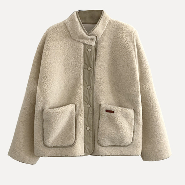 버터 플리스 양털 가죽패치 오버핏 덤블 배색 점퍼 자켓