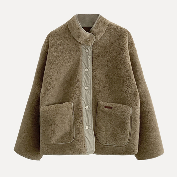 버터 플리스 양털 가죽패치 오버핏 덤블 배색 점퍼 자켓