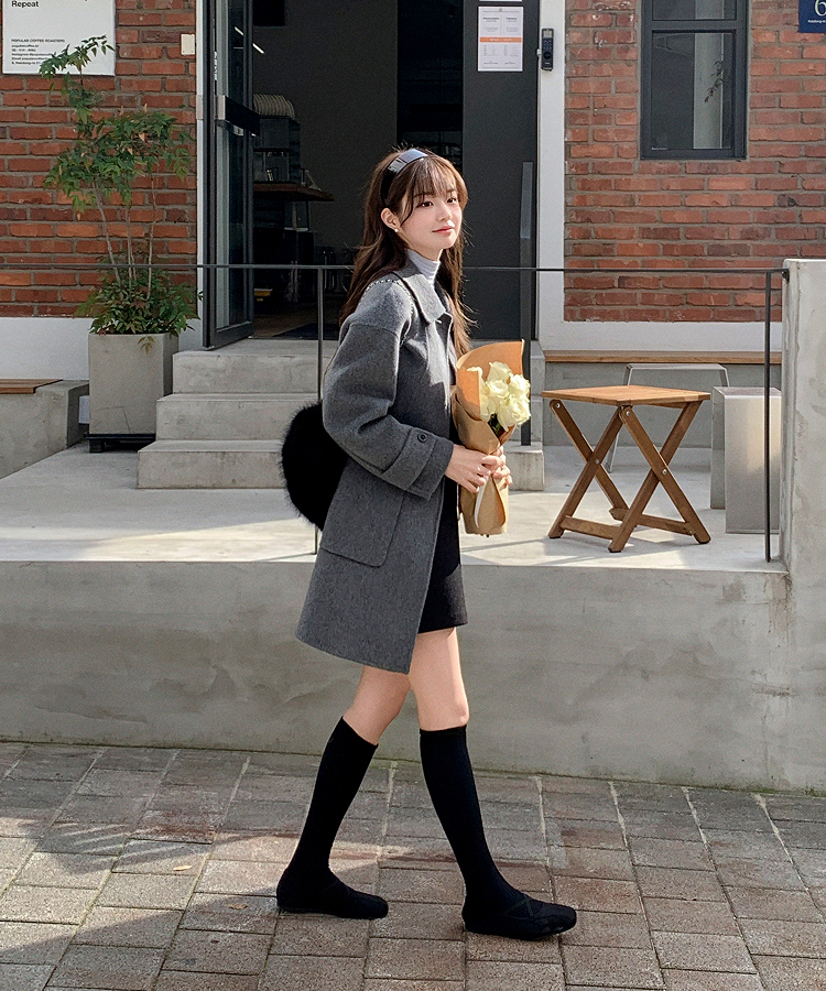 ウール混シングルミディロングコート GRAY