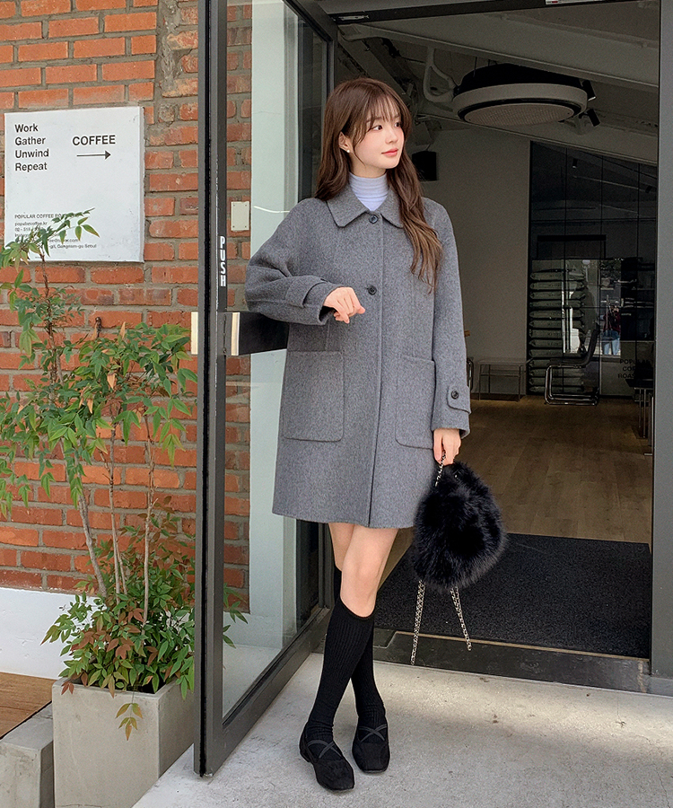 ウール混シングルミディロングコート GRAY