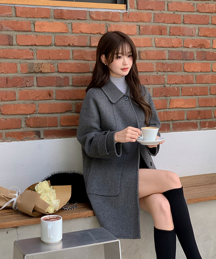 ウール混シングルミディロングコート GRAY