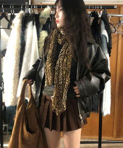 レオパードプリーツマフラー CAMEL