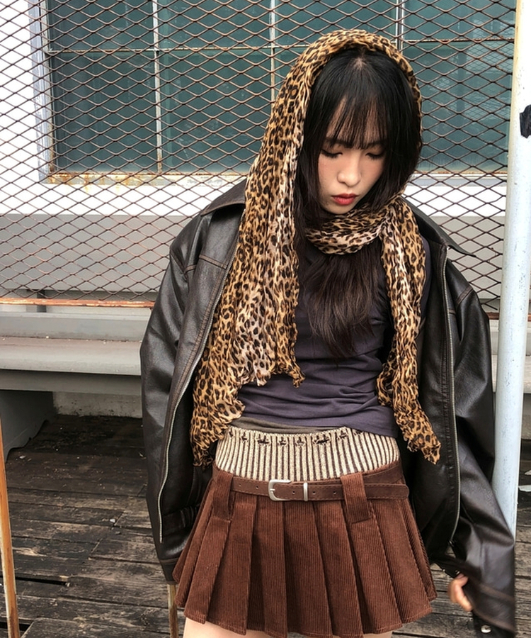 レオパードプリーツマフラー CAMEL