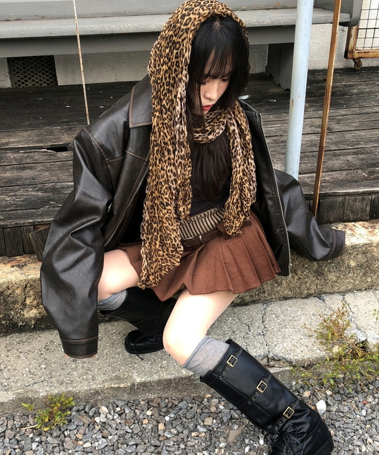 レオパードプリーツマフラー CAMEL