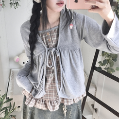 페어리 리본 프릴 체 나시 일체형 반팔 블라우스 나시 바선생 레이스 그레이