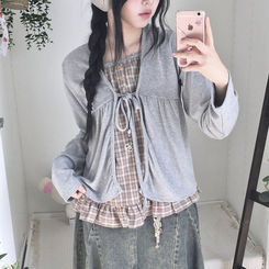 페어리 리본 프릴 체 나시 일체형 반팔 블라우스 나시 바선생 레이스 그레이