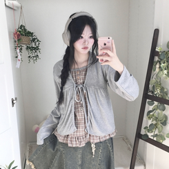 페어리 리본 프릴 체 나시 일체형 반팔 블라우스 나시 바선생 레이스 그레이