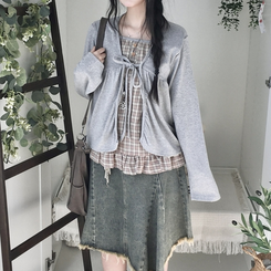 페어리 리본 프릴 체 나시 일체형 반팔 블라우스 나시 바선생 레이스 그레이