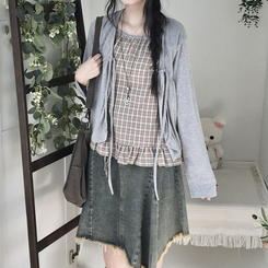 페어리 리본 프릴 체 나시 일체형 반팔 블라우스 나시 바선생 레이스 그레이