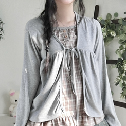 페어리 리본 프릴 체 나시 일체형 반팔 블라우스 나시 바선생 레이스 그레이