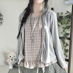 페어리 리본 프릴 체 나시 일체형 반팔 블라우스 나시 바선생 레이스 그레이