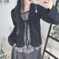 페어리 리본 프릴 체 나시 일체형 반팔 블라우스 나시 바선생 레이스 블랙