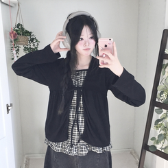 페어리 리본 프릴 체 나시 일체형 반팔 블라우스 나시 바선생 레이스 블랙