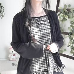 페어리 리본 프릴 체 나시 일체형 반팔 블라우스 나시 바선생 레이스 블랙