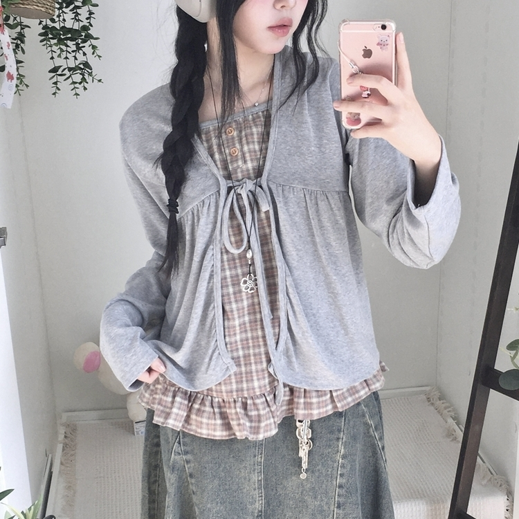 페어리 리본 프릴 체 나시 일체형 반팔 블라우스 나시 바선생 레이스 그레이