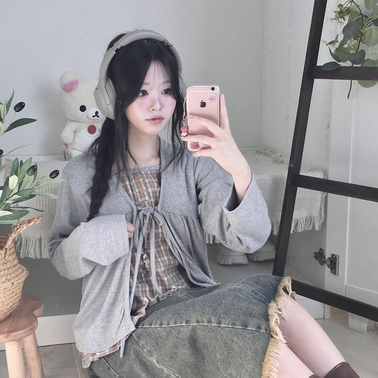 페어리 리본 프릴 체 나시 일체형 반팔 블라우스 나시 바선생 레이스 그레이