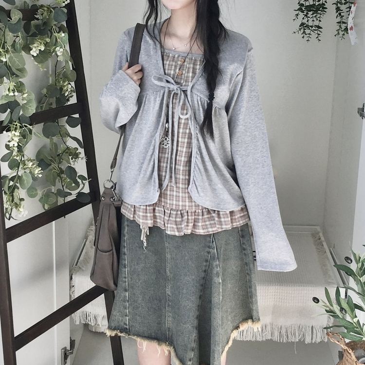 페어리 리본 프릴 체 나시 일체형 반팔 블라우스 나시 바선생 레이스 그레이