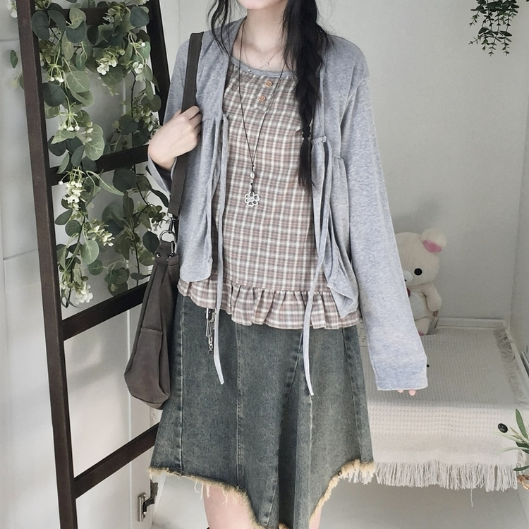 페어리 리본 프릴 체 나시 일체형 반팔 블라우스 나시 바선생 레이스 그레이