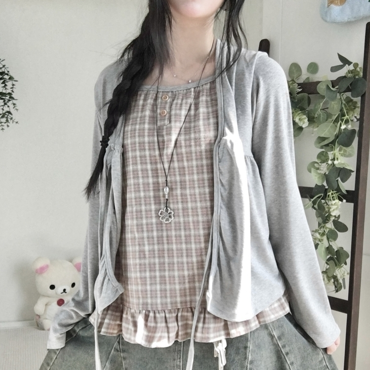 페어리 리본 프릴 체 나시 일체형 반팔 블라우스 나시 바선생 레이스 그레이