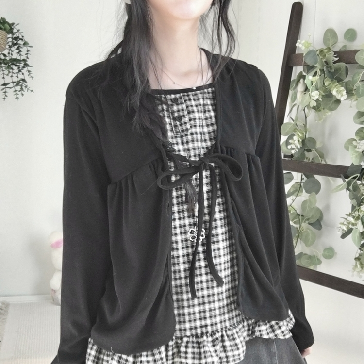 페어리 리본 프릴 체 나시 일체형 반팔 블라우스 나시 바선생 레이스 블랙