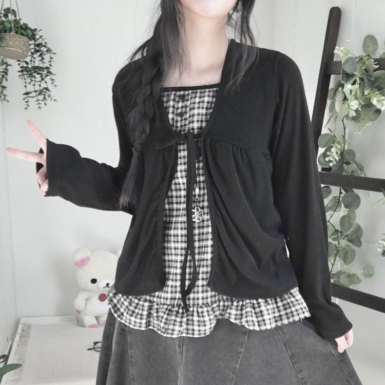 페어리 리본 프릴 체 나시 일체형 반팔 블라우스 나시 바선생 레이스 블랙