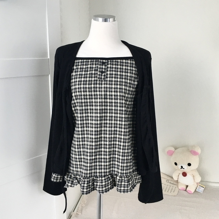 페어리 리본 프릴 체 나시 일체형 반팔 블라우스 나시 바선생 레이스