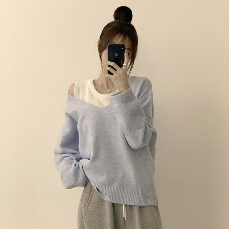 폴 가을 긴팔 오버핏 니트 보트넥 루즈핏 나시 니트 세트