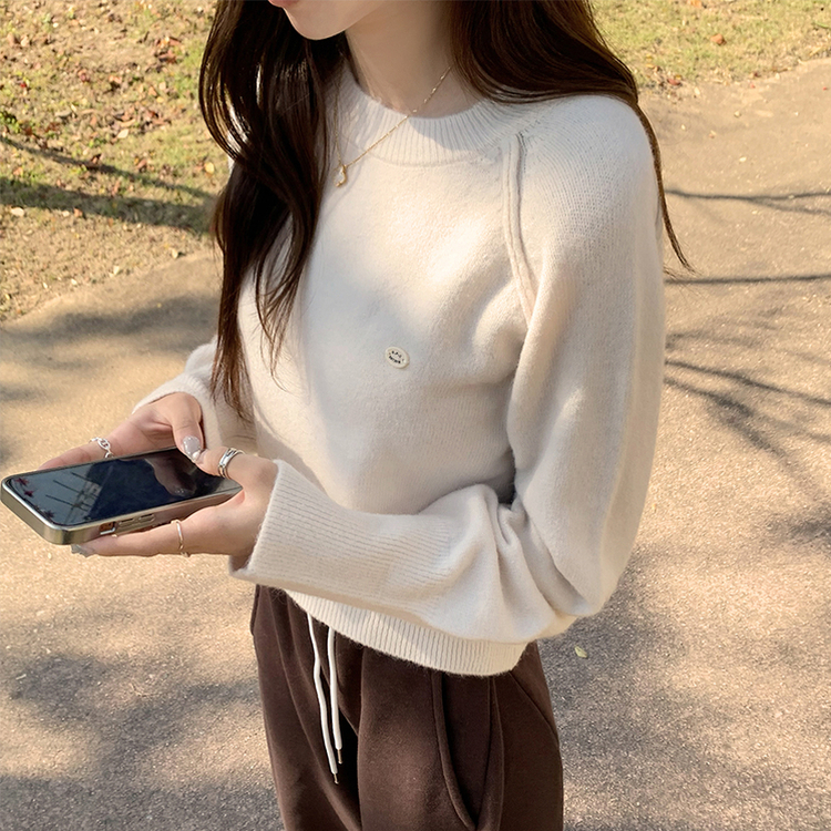 라라 라운드 허리잘록 와펜 가을 긴팔 니트 루즈핏 겨울 상의 데일리 오버핏 긴팔티 아이보리