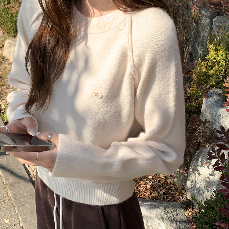 라라 라운드 허리잘록 와펜 가을 긴팔 니트 루즈핏 겨울 상의 데일리 오버핏 긴팔티 아이보리