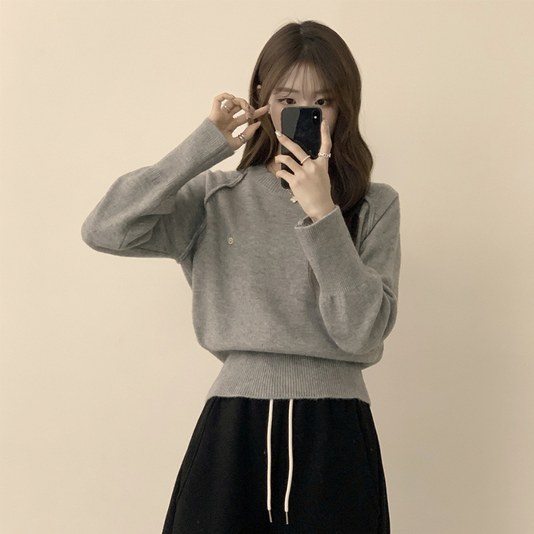 라라 라운드 허리잘록 와펜 가을 긴팔 니트 루즈핏 겨울 상의 데일리 오버핏 긴팔티 그레이