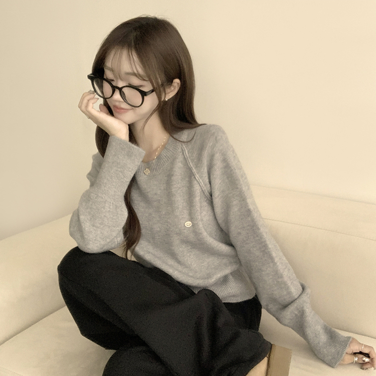 라라 라운드 허리잘록 와펜 가을 긴팔 니트 루즈핏 겨울 상의 데일리 오버핏 긴팔티 그레이