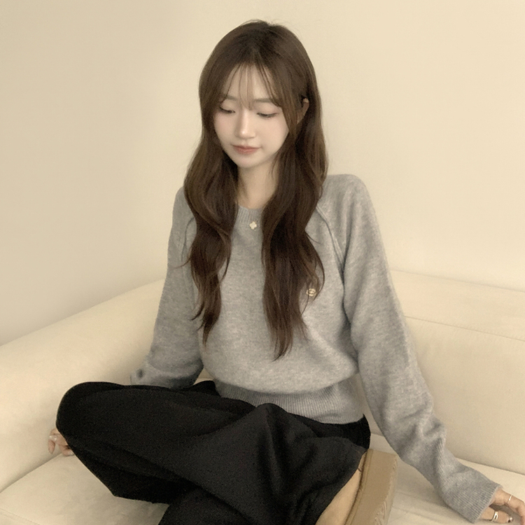 라라 라운드 허리잘록 와펜 가을 긴팔 니트 루즈핏 겨울 상의 데일리 오버핏 긴팔티 그레이