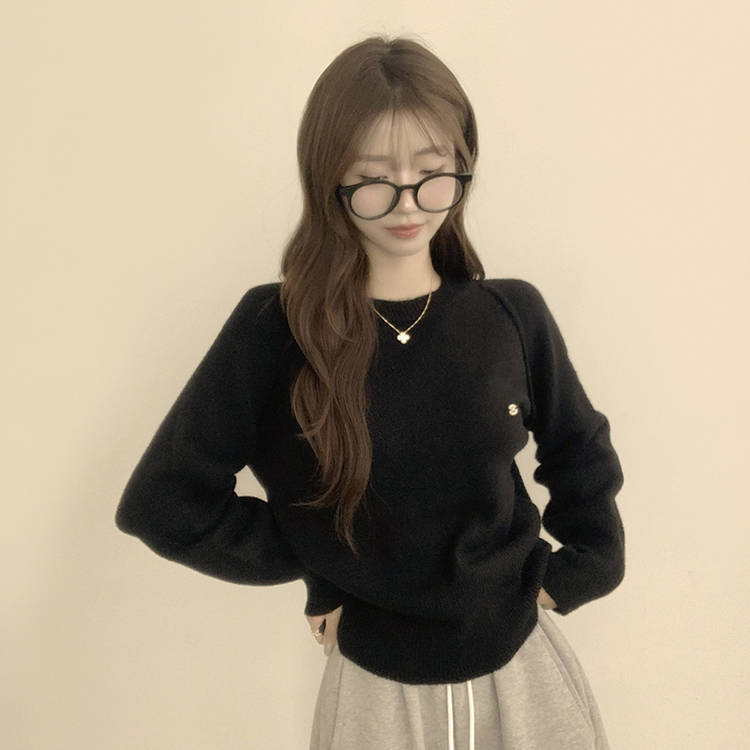 라라 라운드 허리잘록 와펜 가을 긴팔 니트 루즈핏 겨울 상의 데일리 오버핏 긴팔티 블랙