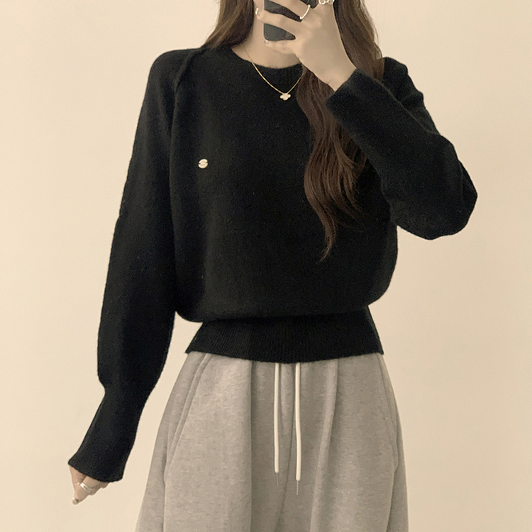 라라 라운드 허리잘록 와펜 가을 긴팔 니트 루즈핏 겨울 상의 데일리 오버핏 긴팔티 블랙