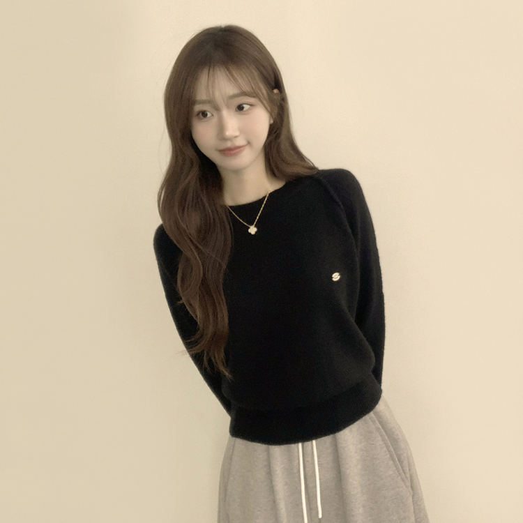 라라 라운드 허리잘록 와펜 가을 긴팔 니트 루즈핏 겨울 상의 데일리 오버핏 긴팔티 블랙