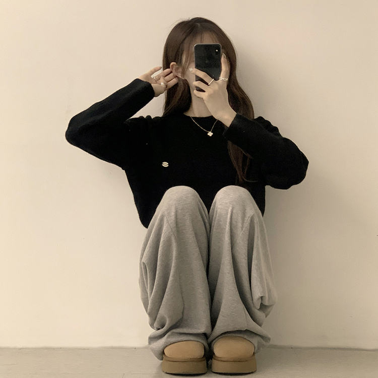 라라 라운드 허리잘록 와펜 가을 긴팔 니트 루즈핏 겨울 상의 데일리 오버핏 긴팔티 블랙