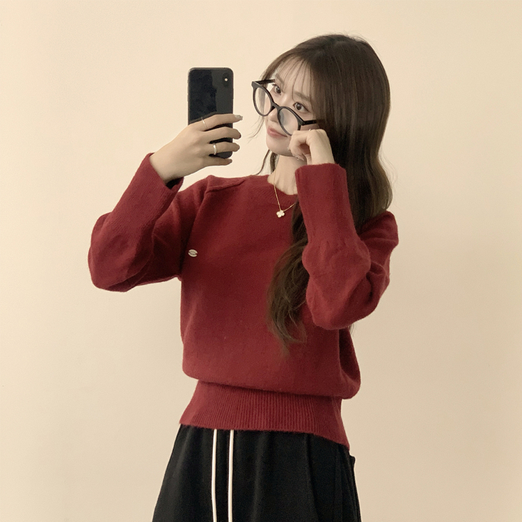 라라 라운드 허리잘록 와펜 가을 긴팔 니트 루즈핏 겨울 상의 데일리 오버핏 긴팔티 레드