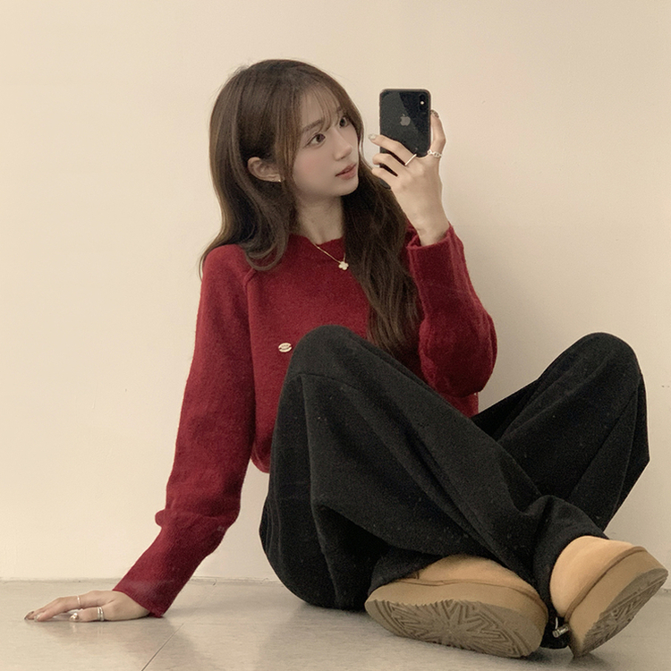 라라 라운드 허리잘록 와펜 가을 긴팔 니트 루즈핏 겨울 상의 데일리 오버핏 긴팔티 레드