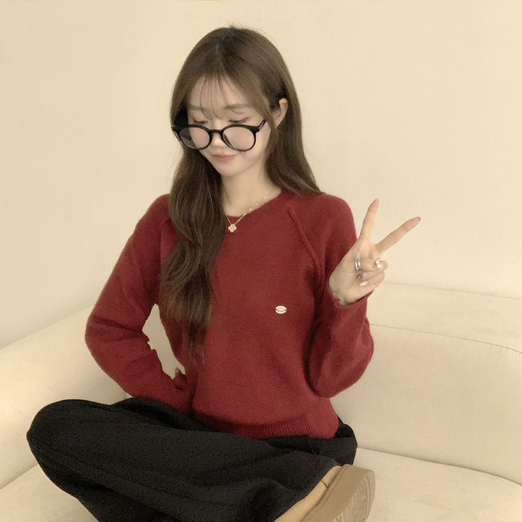 라라 라운드 허리잘록 와펜 가을 긴팔 니트 루즈핏 겨울 상의 데일리 오버핏 긴팔티 레드