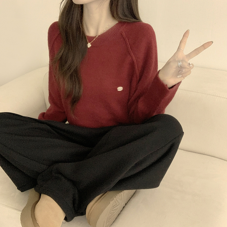 라라 라운드 허리잘록 와펜 가을 긴팔 니트 루즈핏 겨울 상의 데일리 오버핏 긴팔티 레드