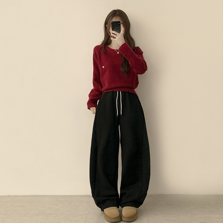 라라 라운드 허리잘록 와펜 가을 긴팔 니트 루즈핏 겨울 상의 데일리 오버핏 긴팔티 레드