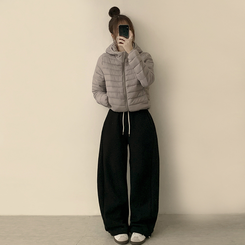 데일리한 무드의 빵빵 겨울 긴팔 데일리 웰론 하이넥 후드 패딩 아우터 경량패딩 오버핏 점퍼 그레이