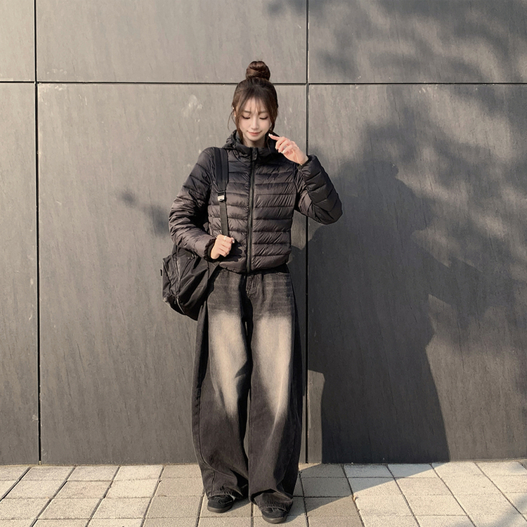 데일리한 무드의 빵빵 겨울 긴팔 데일리 웰론 하이넥 후드 패딩 아우터 경량패딩 오버핏 점퍼 블랙