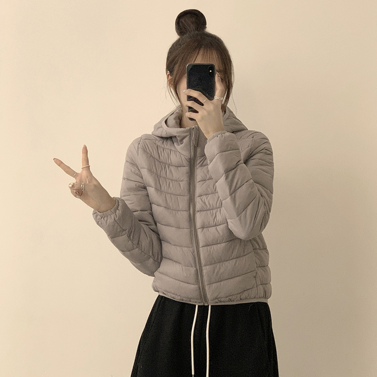 데일리한 무드의 빵빵 겨울 긴팔 데일리 웰론 하이넥 후드 패딩 아우터 경량패딩 오버핏 점퍼 그레이